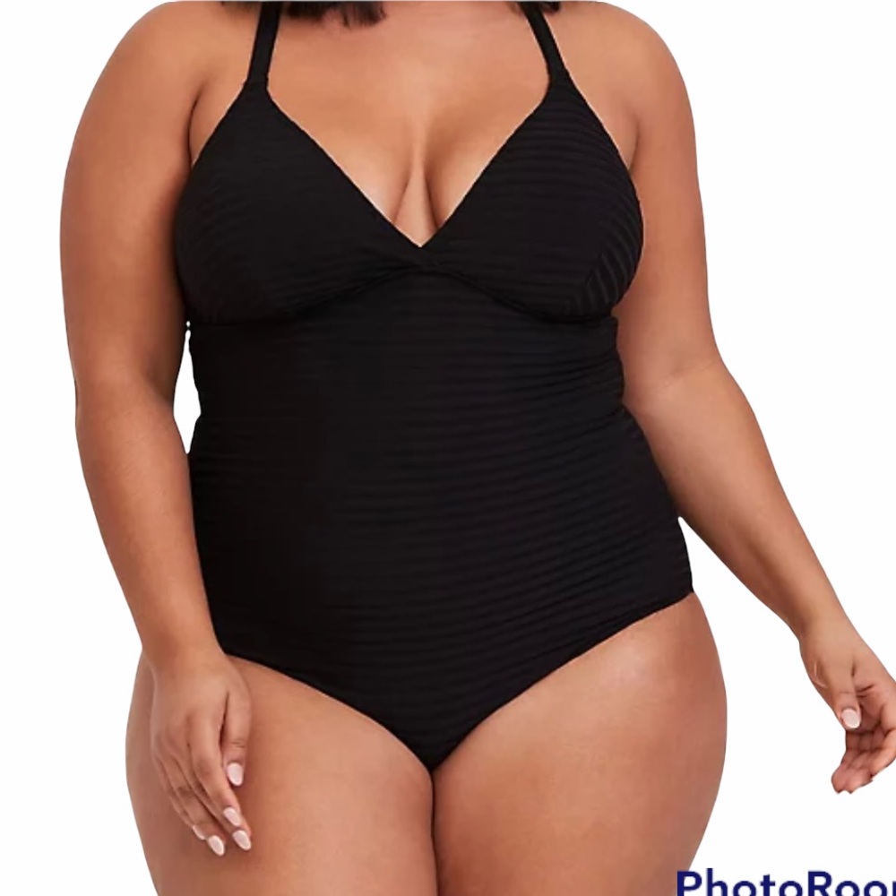 Torrid Black Textured Shadow Stripe Wireless One-Piece Swimsuit 3X